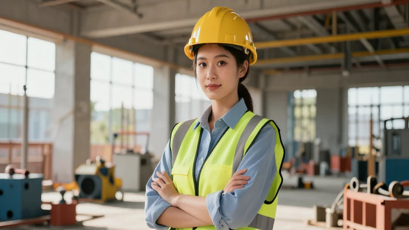 Joven ingeniera segura en moderno entorno de construcción