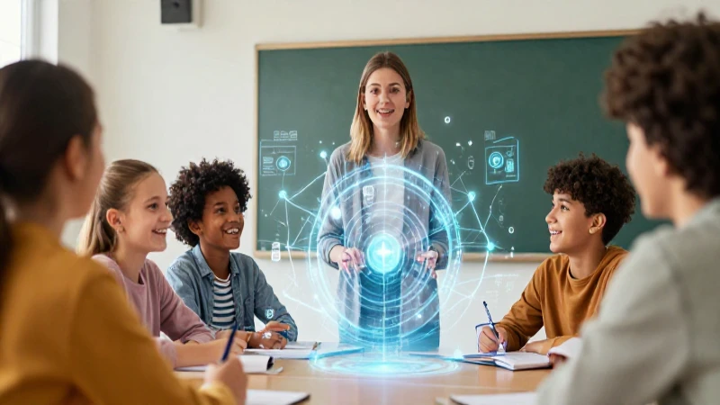 Aula moderna: estudiantes y maestra con ética holográfica