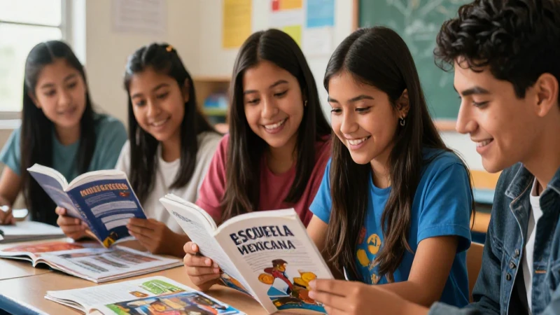 Estudiantes mexicanos leen juntos en un ambiente vibrante