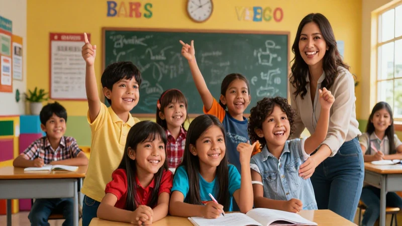Niños mexicanos sonríen en un aula moderna