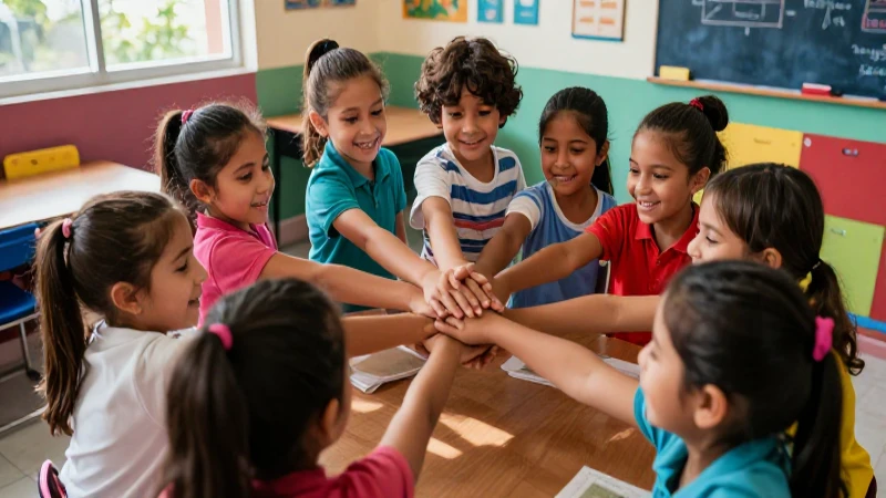 Niños sonrientes colaboran en aula mexicana moderna