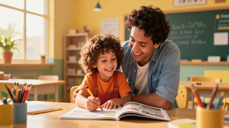 Padre apoya a niño con necesidades especiales aprendiendo