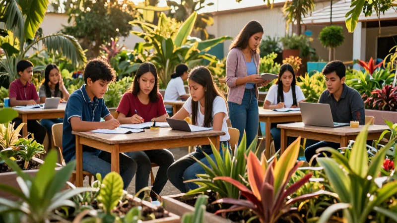 Estudiantes mexicanos aprendiendo en un jardín
