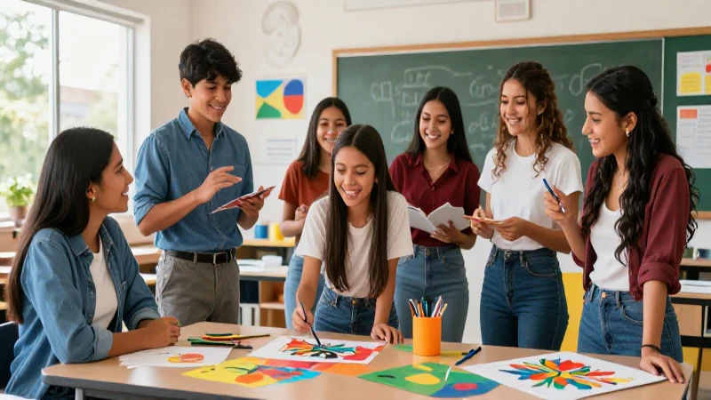 Estudiantes mexicanos felices interactúan con el arte