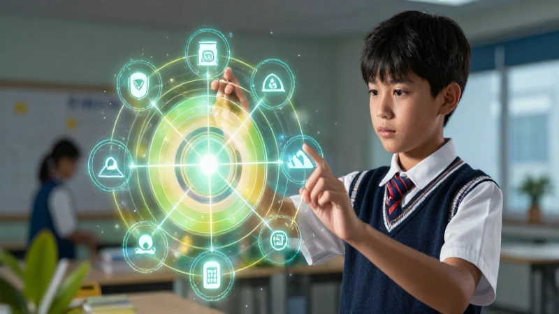 Joven estudiante interactúa con conocimiento digital brillante