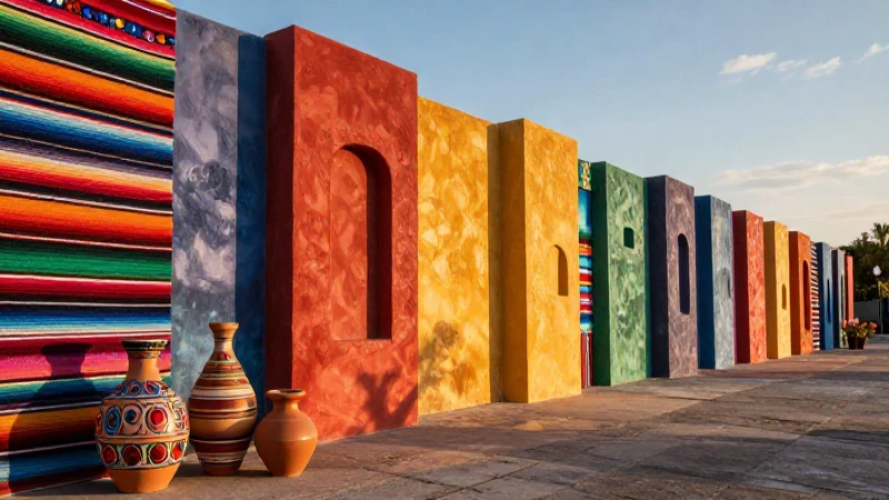 Explora las fronteras artificiales de México y su impacto cultural 4 Muro moderno, textiles mexicanos y luz dorada