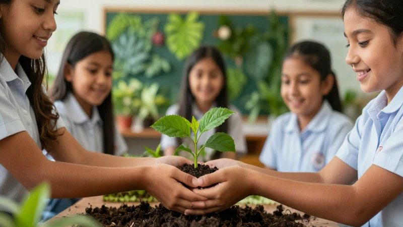Desarrolla habilidades y competencias para la sustentabilidad en educaci贸n: Claves para el 茅xito 3 Estudiante mexicano cuida una planta en un aula verde
