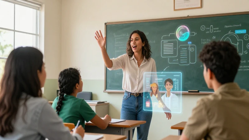 Educador moderno enseña con tecnología holográfica vibrante