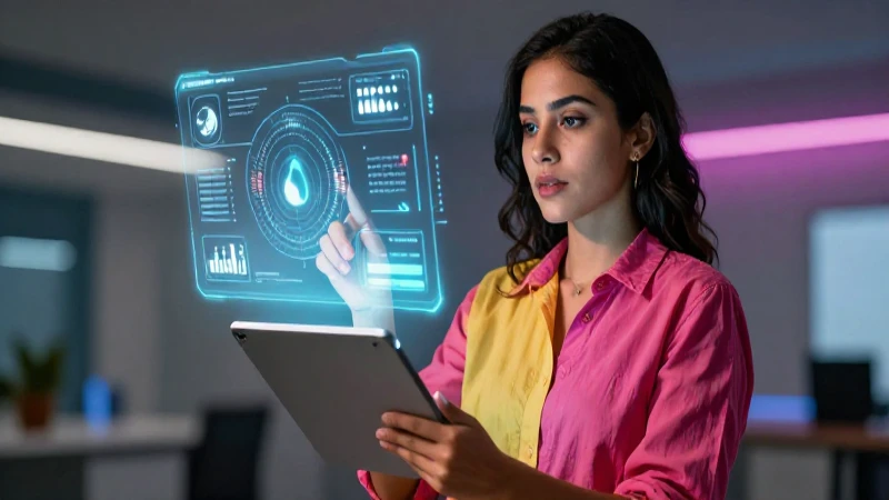 Mejora tu evaluación y seguimiento con herramientas tecnológicas avanzadas 5 Educadora mexicana con interfaz holográfica de salud