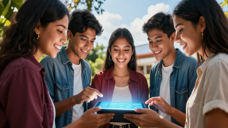 Estudiantes mexicanos colaboran en tablet digital con estética educativa