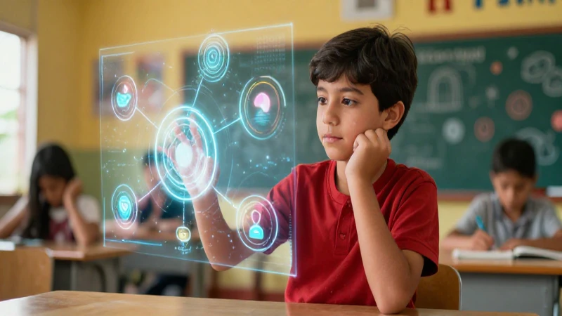 Joven estudiante con hologramas en aula moderna