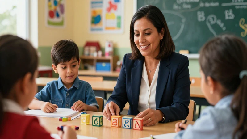 Maestra diversa usa bloques en aula moderna