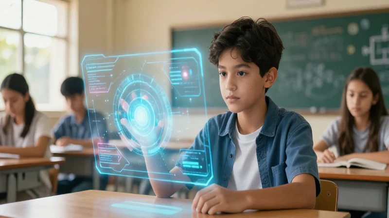 Joven estudiante interactúa con hologramas futuristas en clase