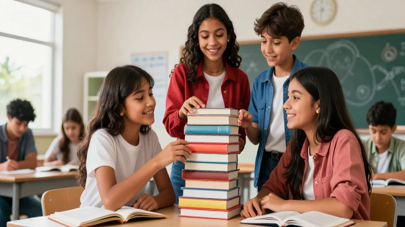 Estudiantes mexicanos colaboran con libros en aula vibrante