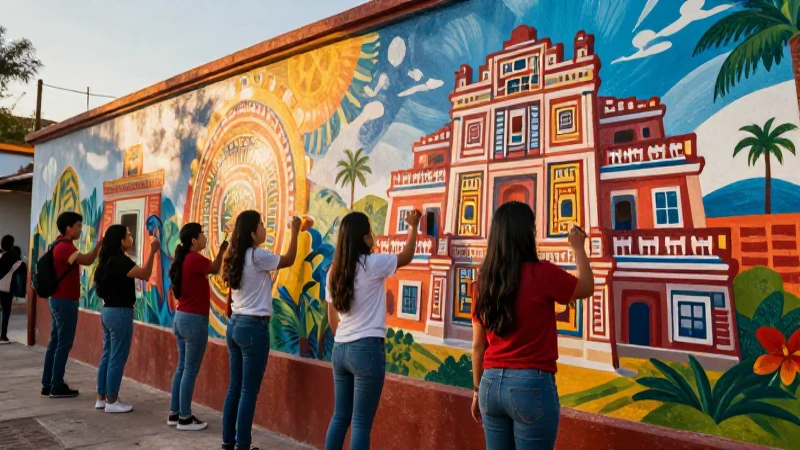 Potencia la educación artística con estrategias para promover el patrimonio cultural 4 Jóvenes pintan mural cultural vibrante