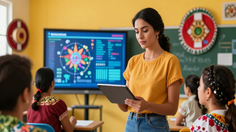Maestra digital mexicana con tablet en aula moderna