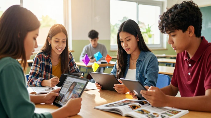 Estudiantes mexicanos colaboran con tecnología en un entorno vibrante
