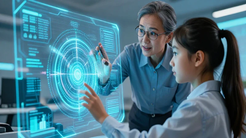 Maestro y estudiante en entorno digital futurista
