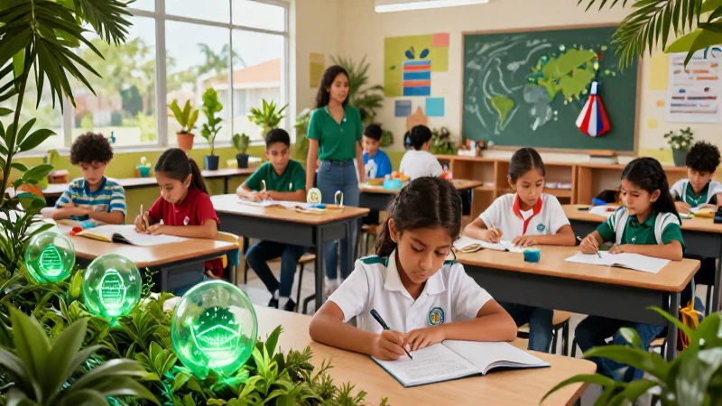 Estudiantes mexicanos aprendiendo en un aula sostenible