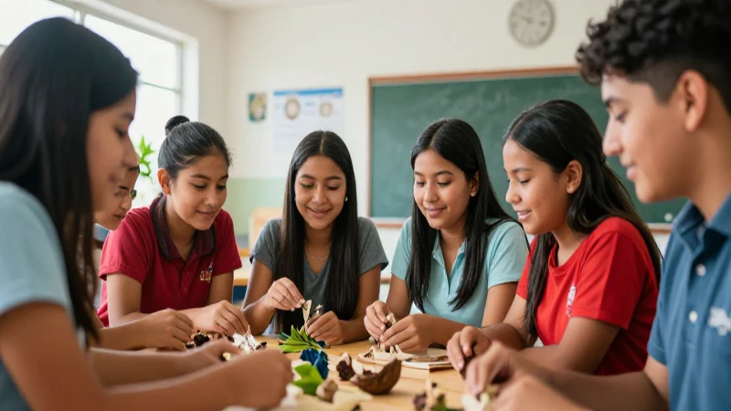 Estudiantes mexicanos aprendiendo con materiales naturales