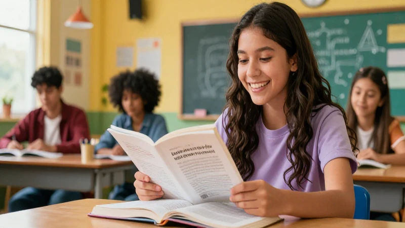 Libros de inglés de la SEP: ventajas para aprender de forma efectiva 4 Estudiante mexicano feliz lee un libro en un aula moderna