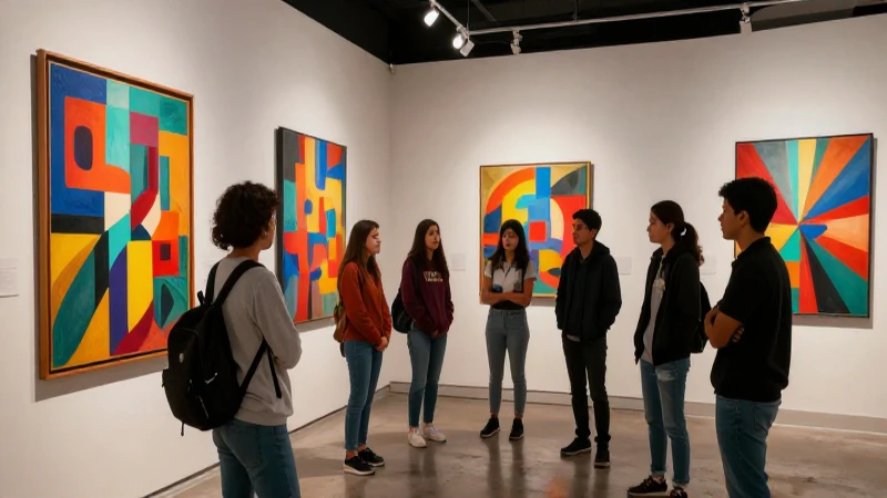 Estudiantes mexicanos observando arte vibrante en galería