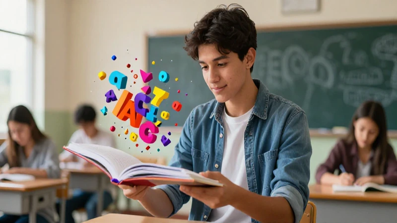 Estudiante mexicano, libro flotante y partículas vibrantes