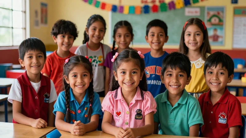 Niños mexicanos diversos juegan en aula colorida y vibrante