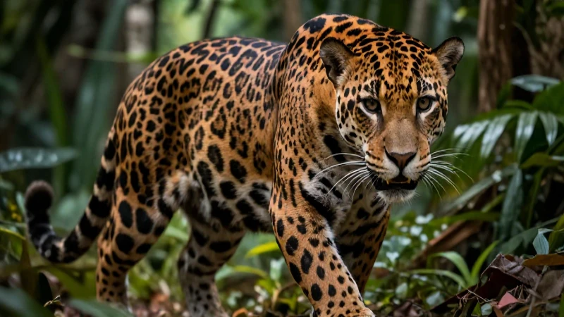Jaguar majestuoso, detallado y dramático, sobre selva