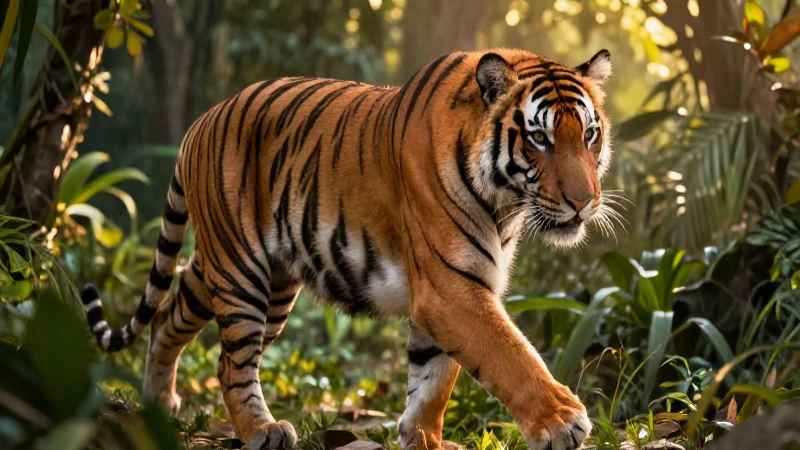 Tigre majestuoso en jungla con luz dorada