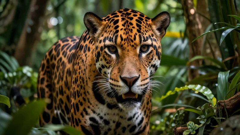Jaguar poderoso en jungla, listo para la acción