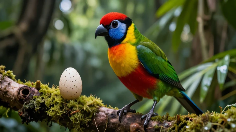 Pájaro exótico y huevo en selva detallada