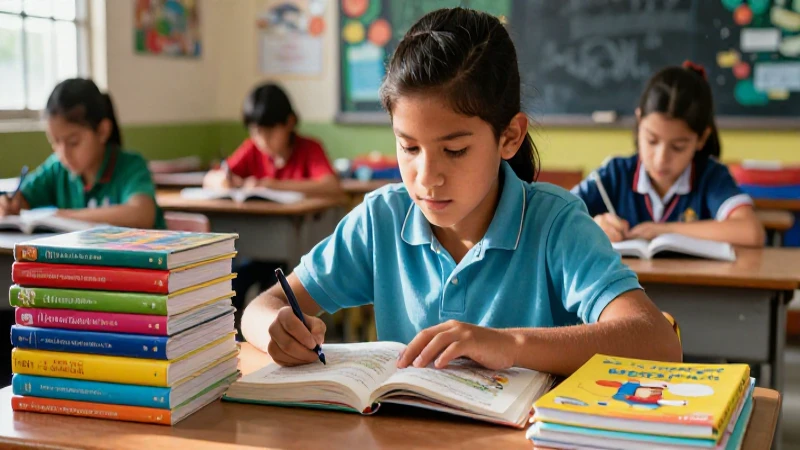 Estudiante mexicano lee libros en un aula iluminada