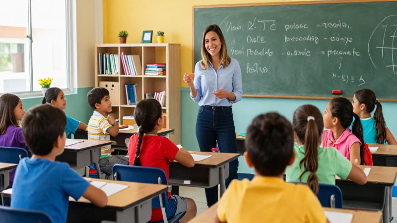 Estudiantes mexicanos y maestra en un aula iluminada