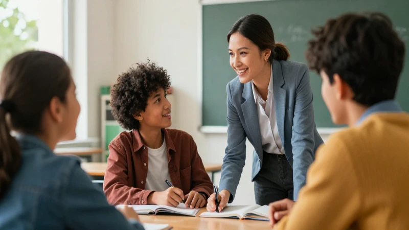 Estudiante sonríendo con docente en clase moderna