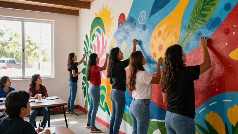 Estudiantes mexicanos pintan mural moderno bajo luz brillante