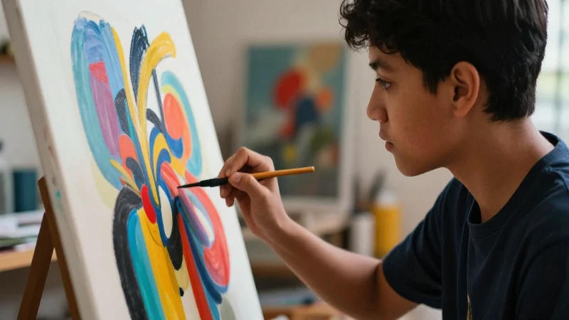 Potencia la educación integral con arte en el plan de estudios: Desarrollo integral de alumnos 4 Joven pinta arte abstracto en estudio moderno