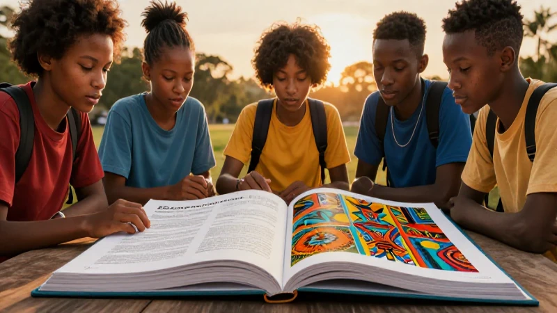 Beneficios de literatura juvenil y africana en educación 3 Estudiantes diversos con arte africano al atardecer