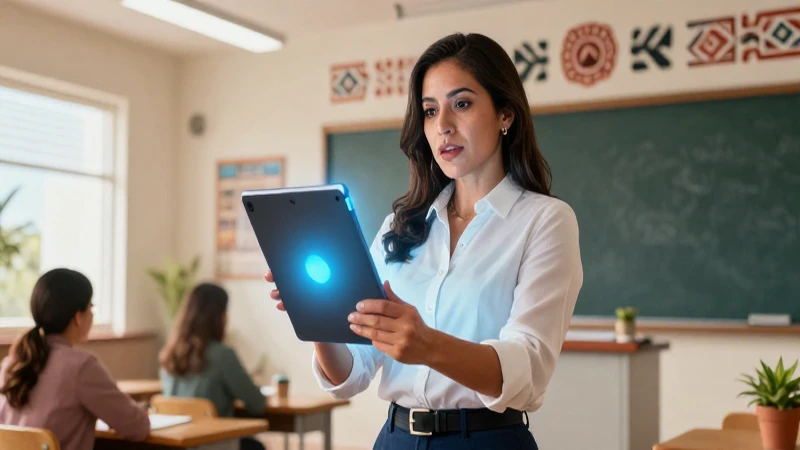 Beneficios de la enseñanza con tecnología según Nueva Escuela Mexicana 3 Maestra mexicana moderna en aula futurista vibrante
