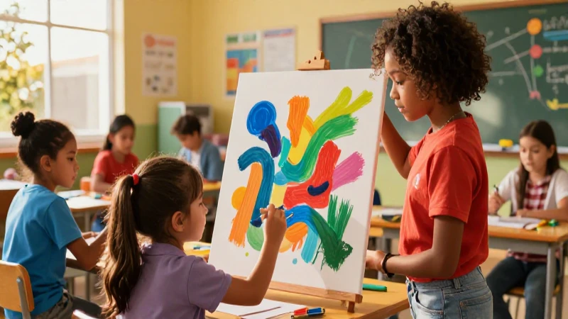 Niños pintan arte abstracto en una clase moderna y colorida