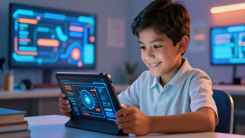 Beneficios de la educación en línea en la Nueva Escuela Mexicana 12 Niño mexicano estudia en tablet con estética vibrante