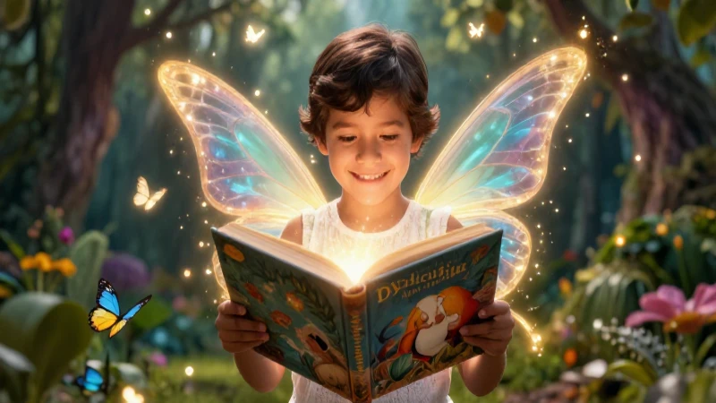Niño mexicano feliz con libro mágico bajo luces dramáticas