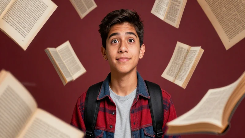 Joven estudiante mexicano rodeado de literatura