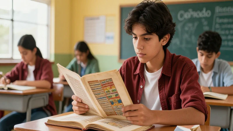 Estudiante moderno estudia antiguo manuscrito medieval