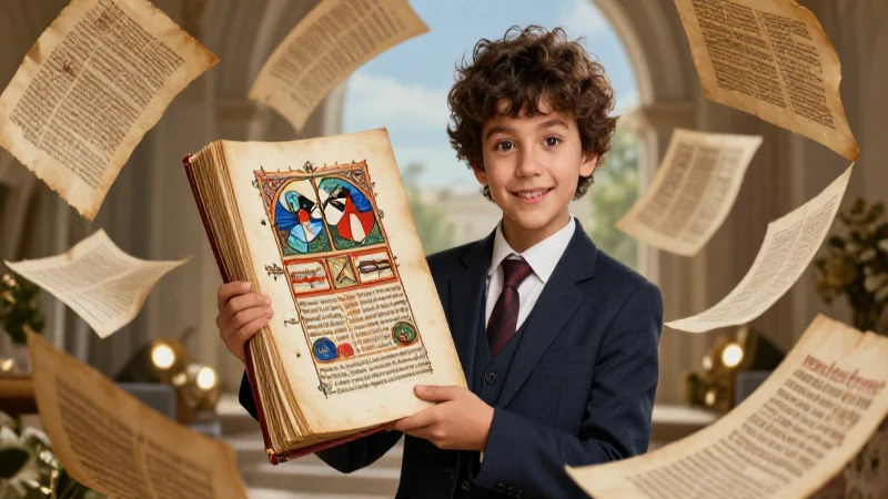 Joven moderno sostiene antiguo manuscrito iluminado