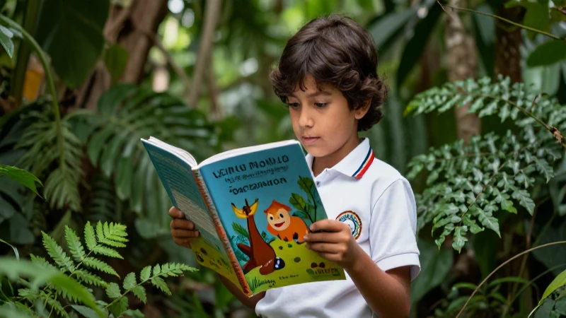 Beneficios de los libros SEP de ciencia y naturaleza para niños 3 Niño curioso explorando la selva con un libro educativo