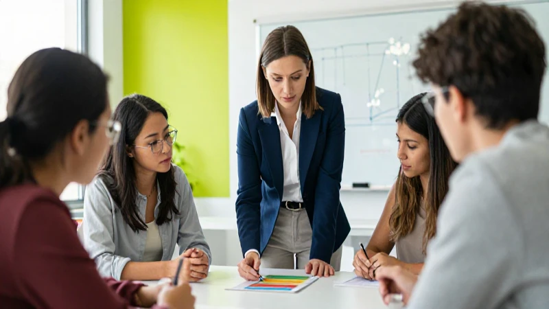 Aula moderna con maestra y estudiantes colaborando