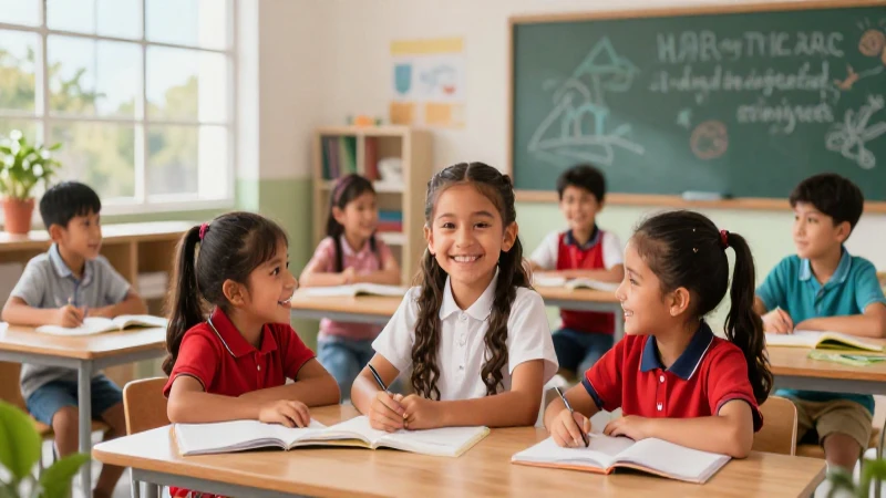 Ilustración digital vibrante de niños mexicanos aprendiendo