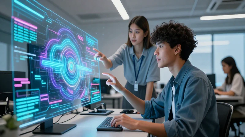 Estudiante interactúa con datos holográficos avanzados
