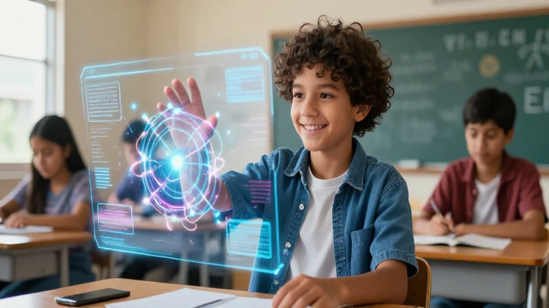 Estudiante sonriente con datos holográficos en clase moderna